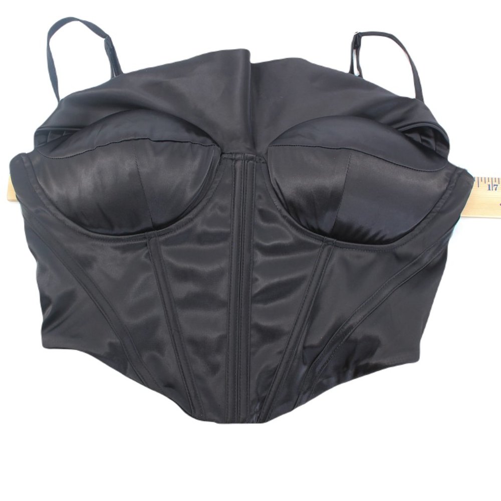 Black Satin Corset Bustier Top L Boned Padded Drape Cowl Neck Stretch Adj. Strap - Picture 5 of 15